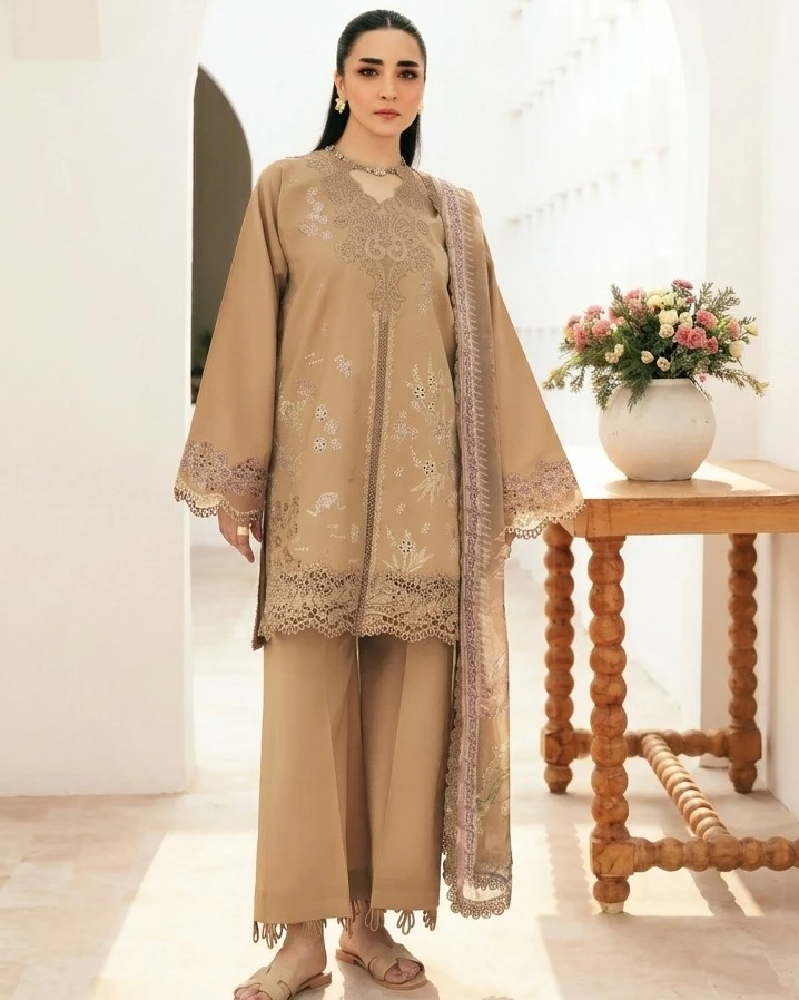 Zync Beige Embroidered Lawn 3-Piece Dress (FZ-7B)