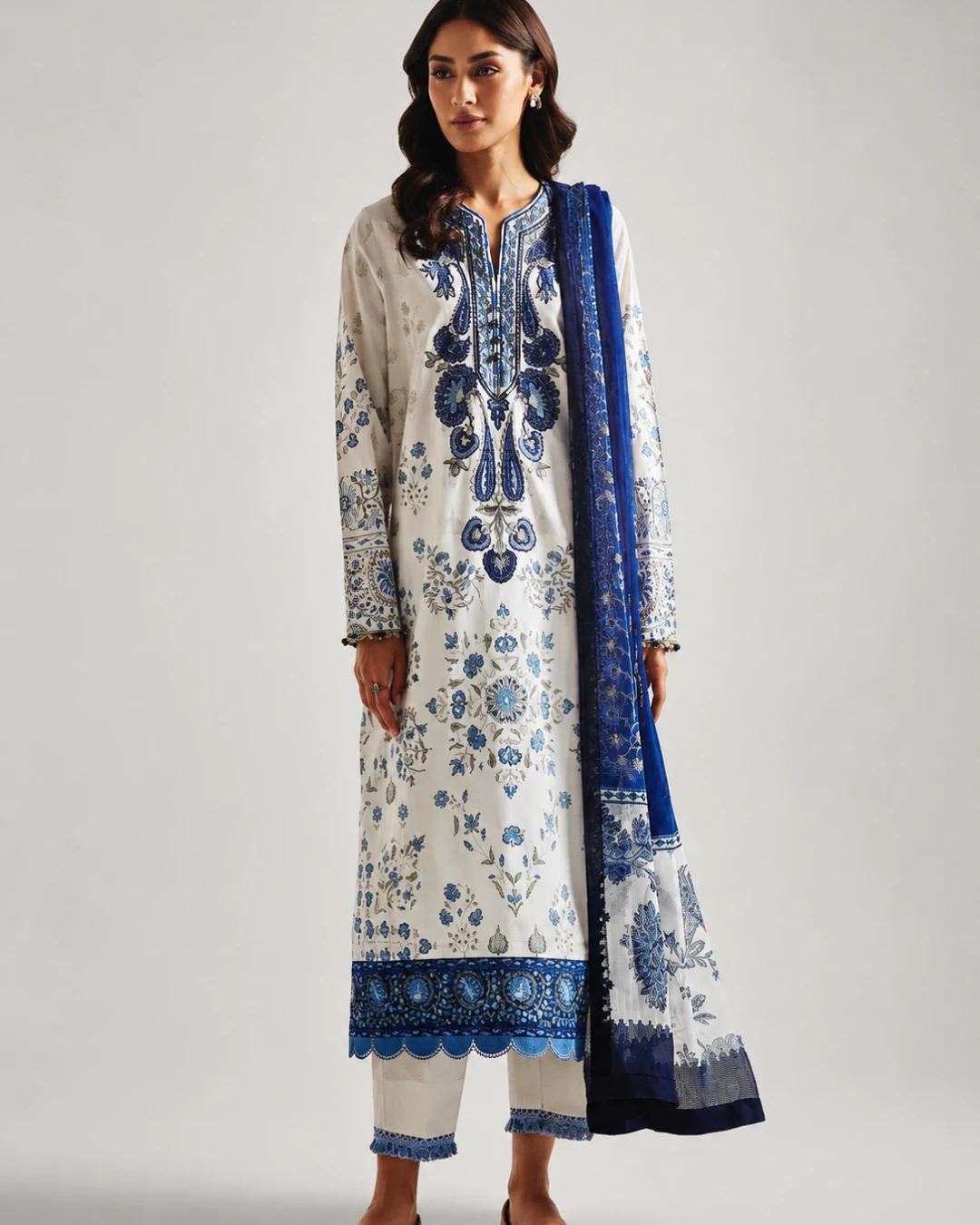 Amira Indigo Sapphire Embroidered Premium Cotton 3-Piece Suit