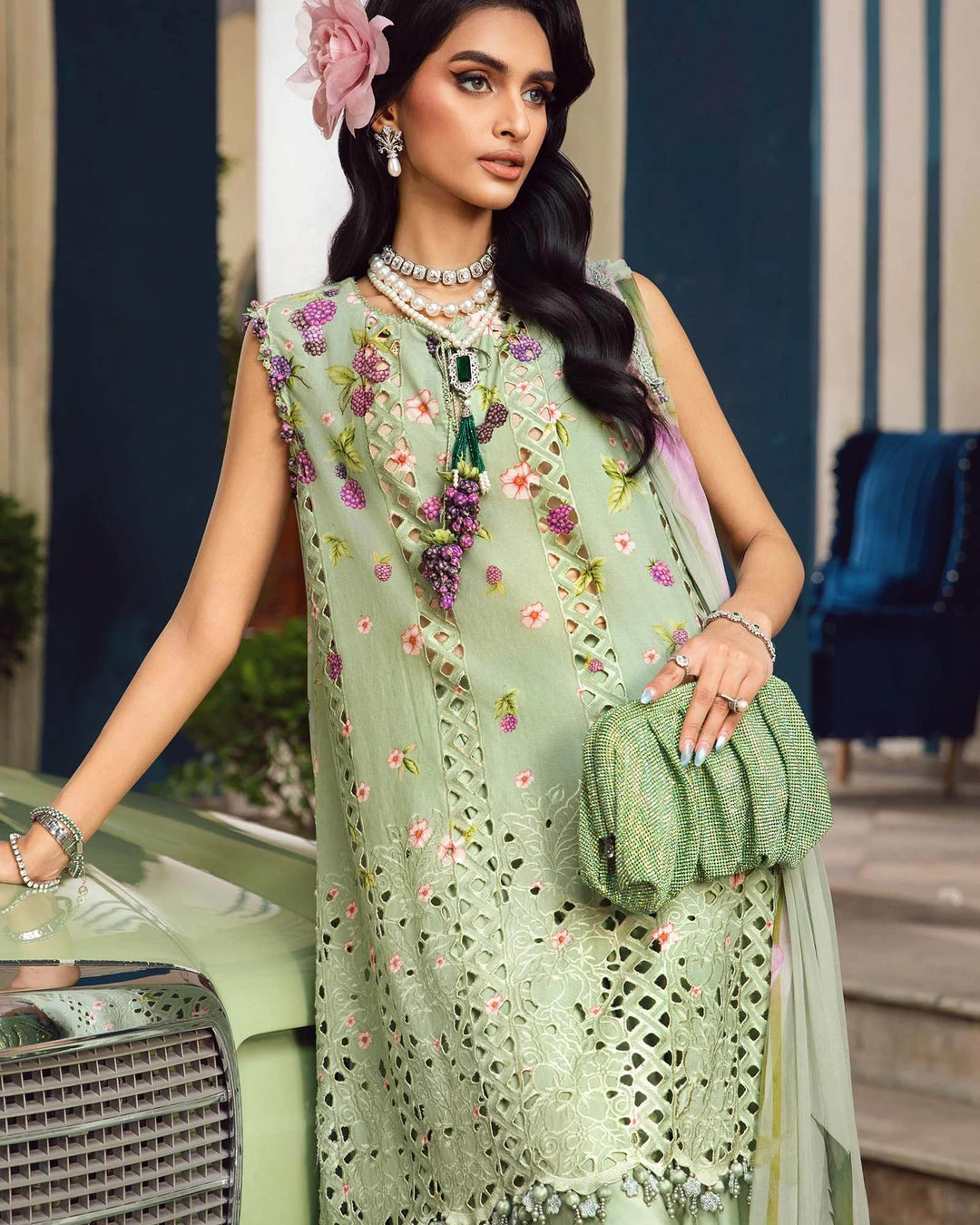 Zinnia Pistachio Mint Embroidered Premium Slub Cotton 3-Piece Suit
