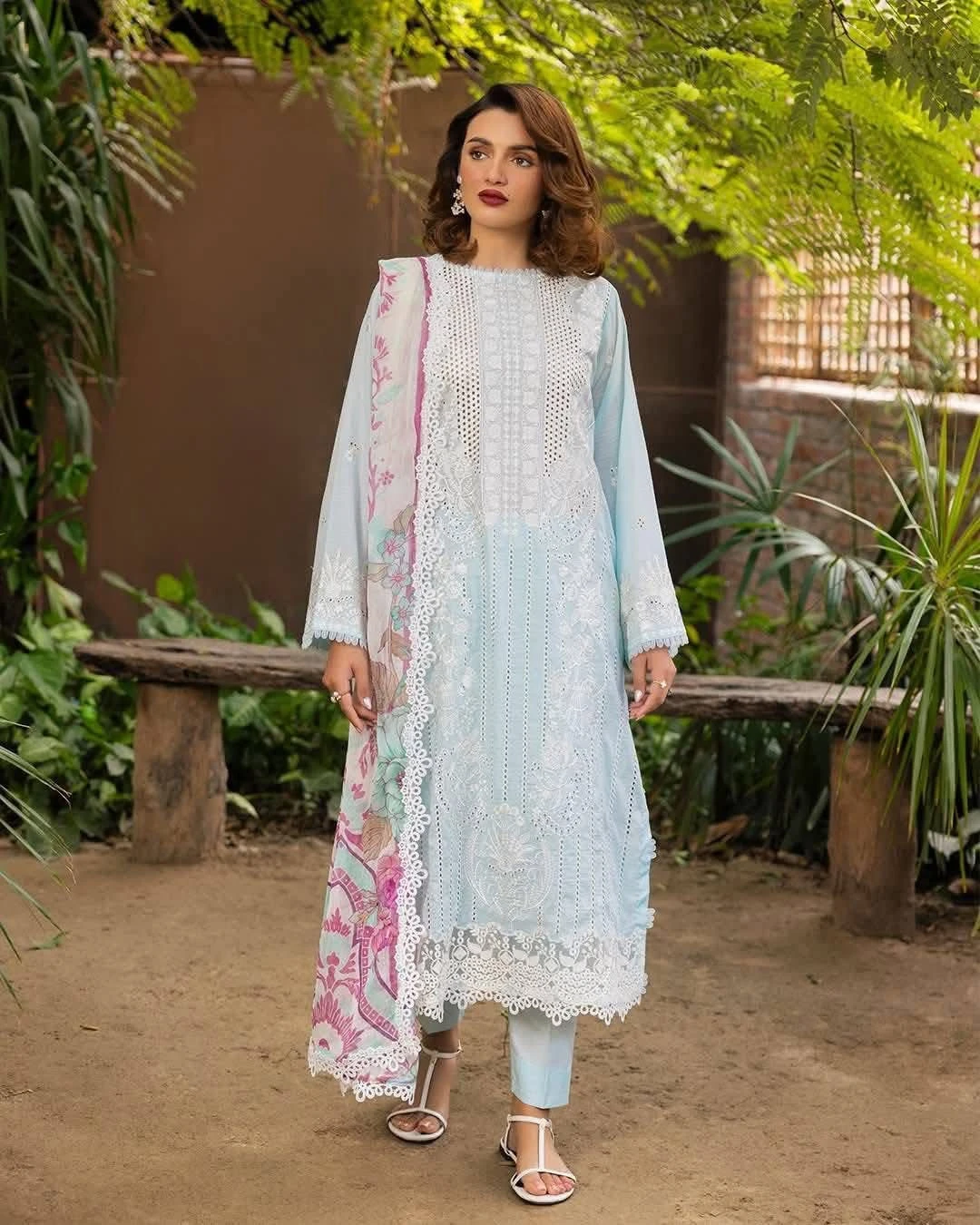 Zara Powder Blue Embroidered Premium Slub Cotton 3-Piece Suit