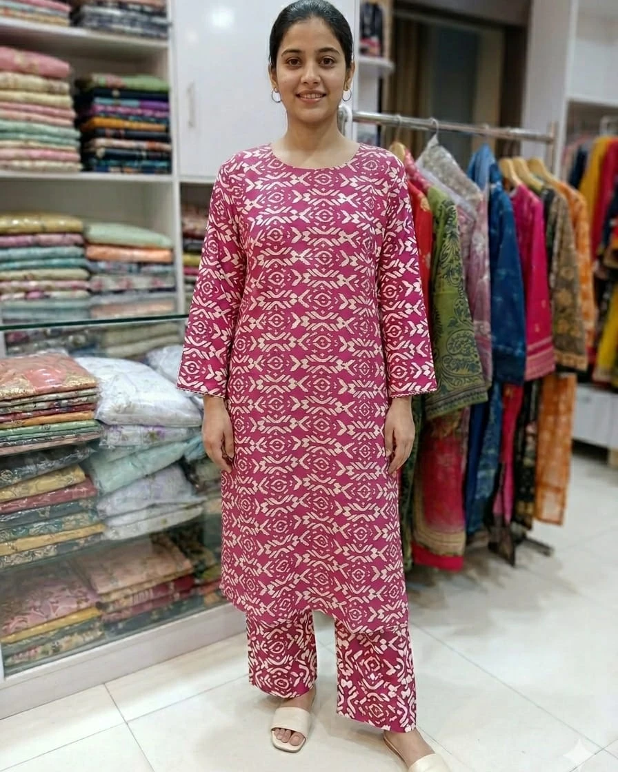 Nila Magenta Lattice Geometric Soft Linen 2-Piece Co-Ord Set