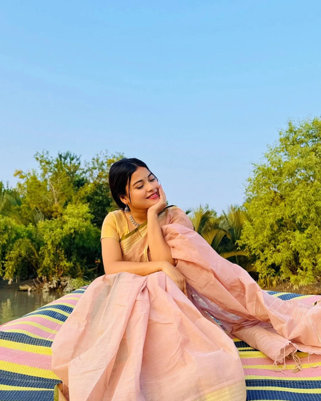 Trendy And Fashionable Pastel Pink Tangail Tat Half Silk Nakshi Paar Saree