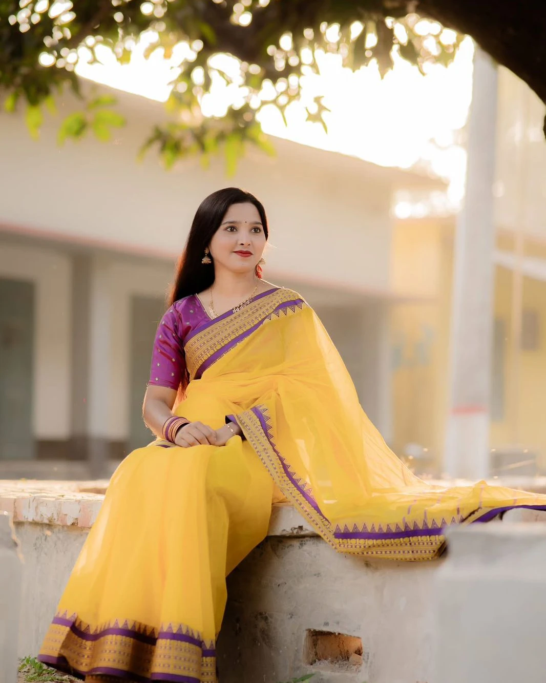 Vibrant Yellow and Purple Half Silk Nakshi Paar Saree