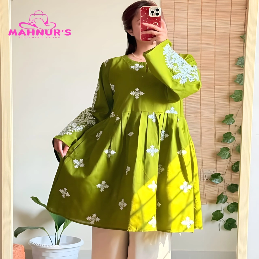 Olive Green Embroidered Pleated Frock Set