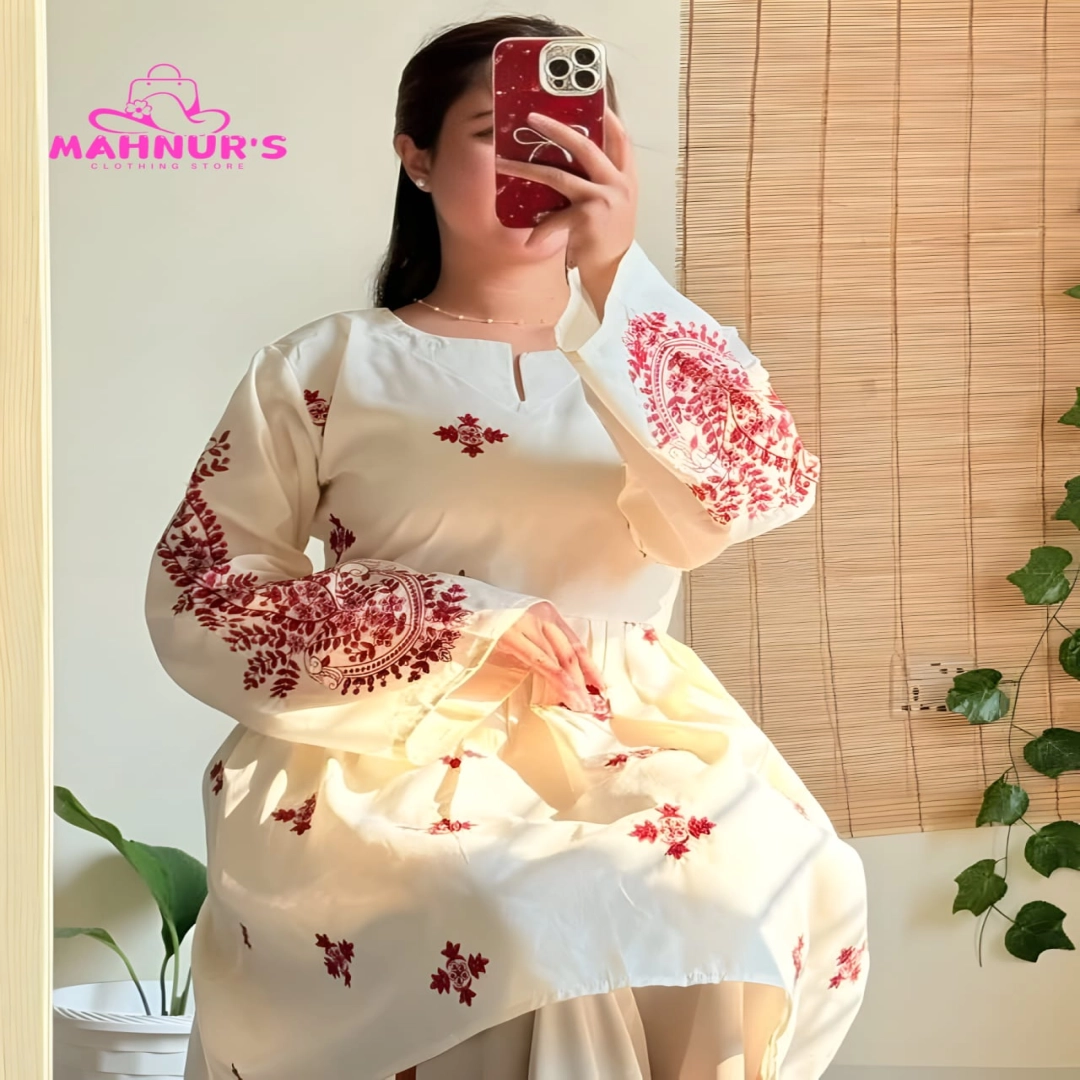 Ivory & Maroon Embroidered Pleated Frock Set