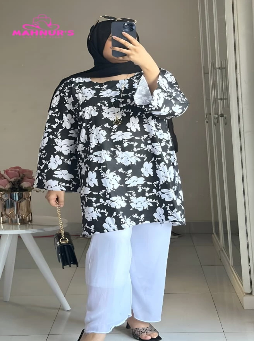 Monochrome Floral Print Tunic Set