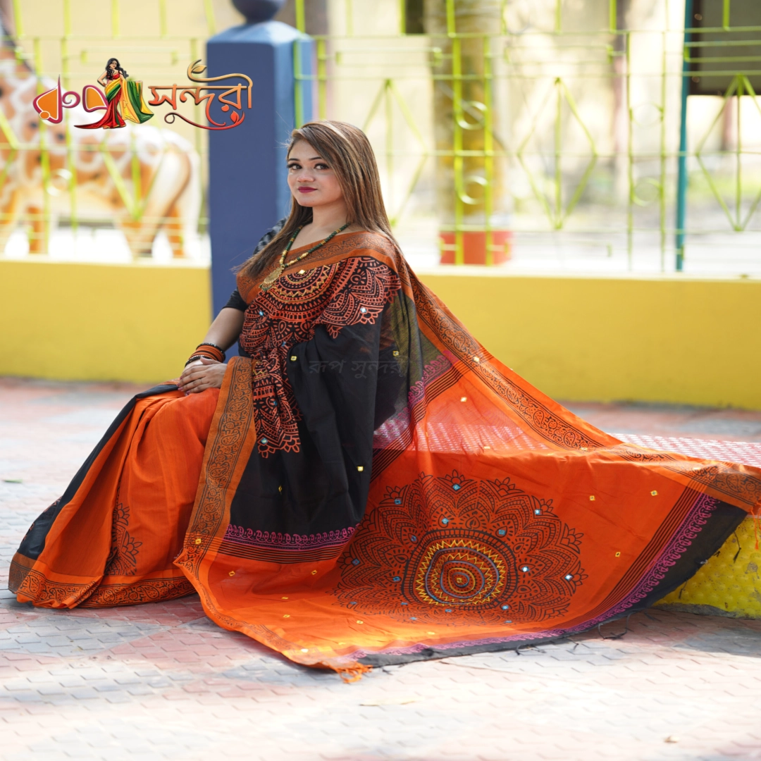 Hand-Woven Black Cotton Sari with Rust Orange Block Print Border