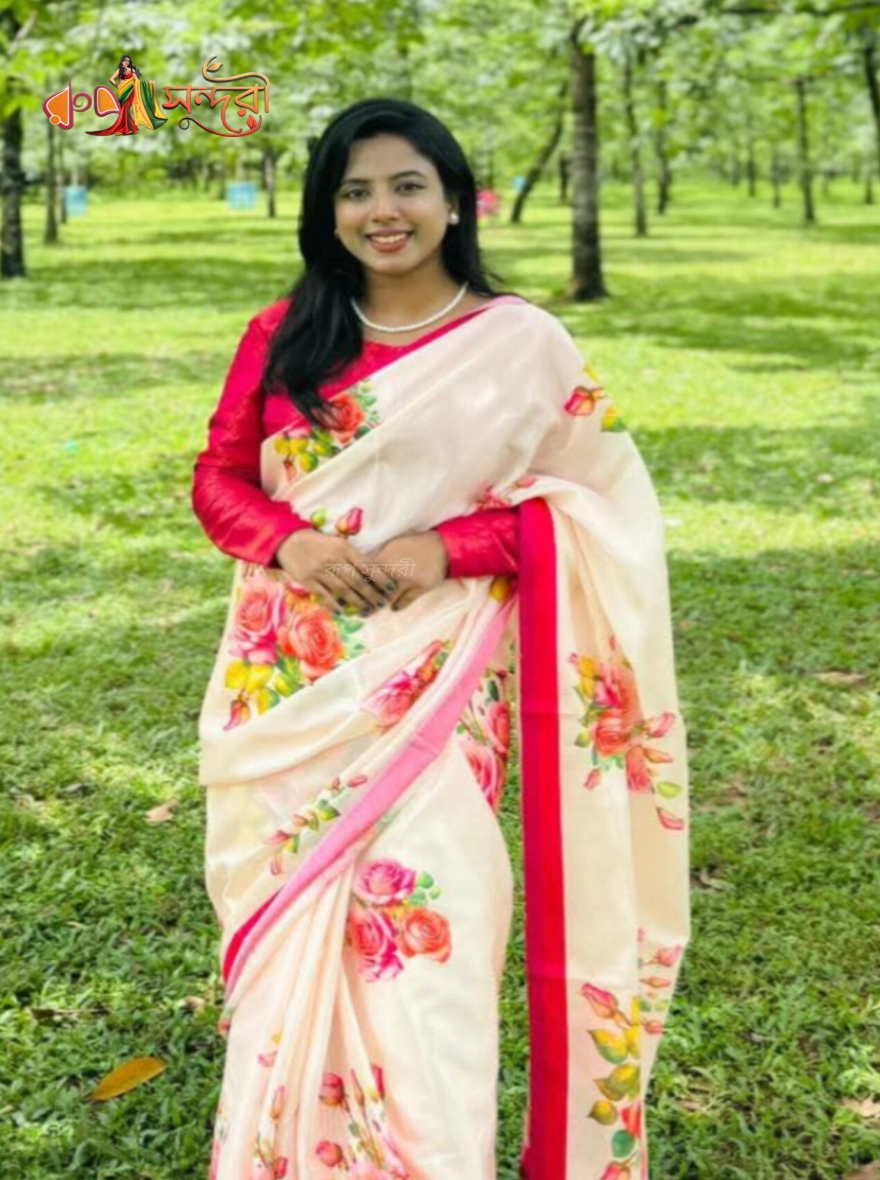Elegant Off-White Silk Blend Sari with Vibrant Rose Floral Print