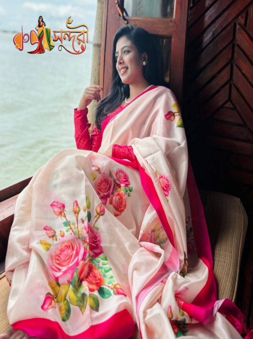 Elegant Off-White Silk Blend Sari with Vibrant Rose Floral Print