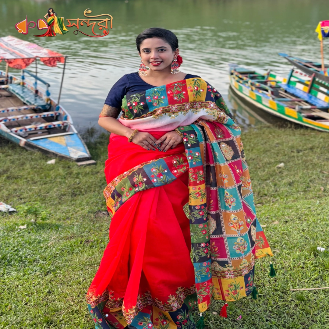 Festive Red Sari with Vibrant Multi-Color Patchwork and Mirror Work Anchal