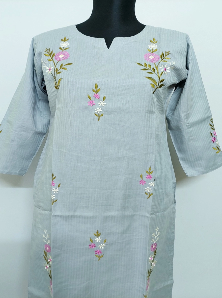 Serene Mist Kurti with Pink & White Embroidery