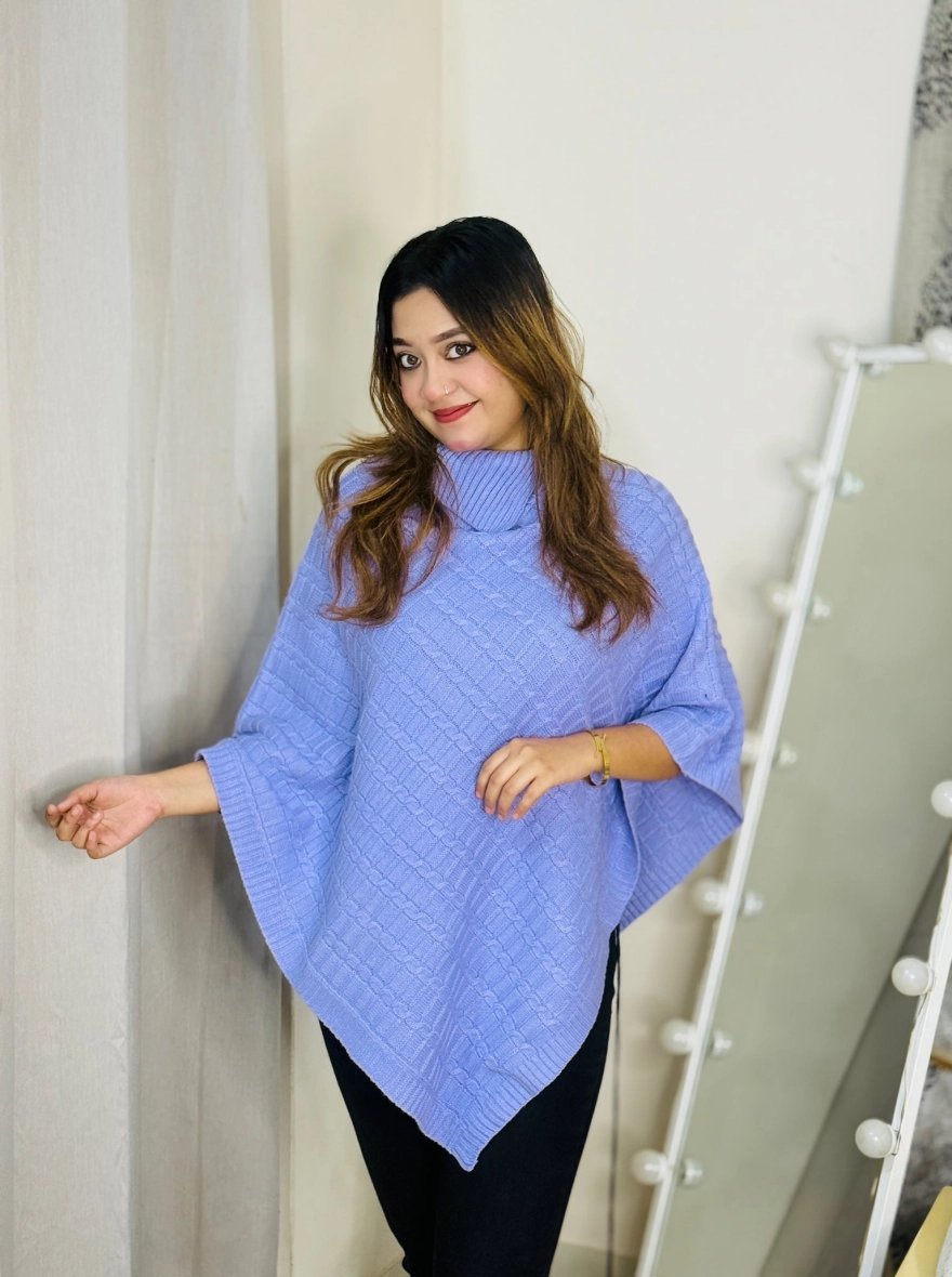Cable Knit High-Neck Winter Poncho Sweater in Lilac