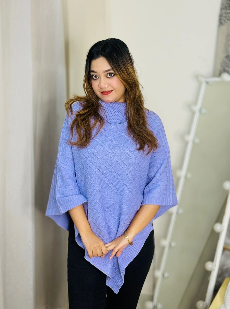 Cable Knit High-Neck Winter Poncho Sweater in Lilac