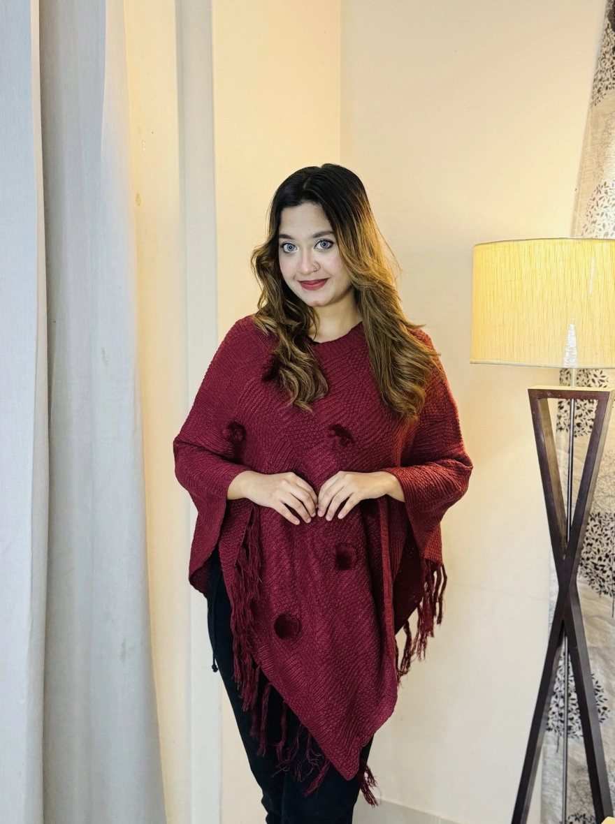 Emerald Pom-Pom Fringe Knit Poncho