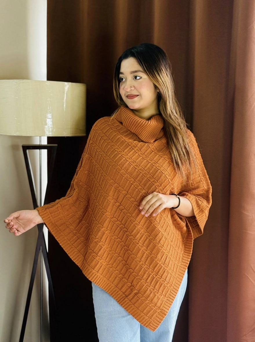 Textured Knit Cowl-Neck Winter Poncho Sweater