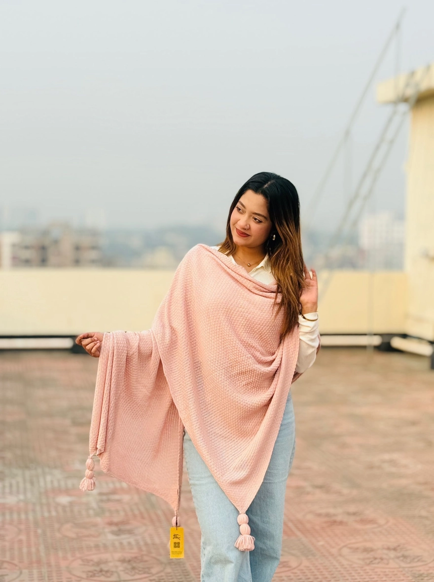 Soft Knit Winter Shawl with Pom-Pom Tassels - Blush Pink