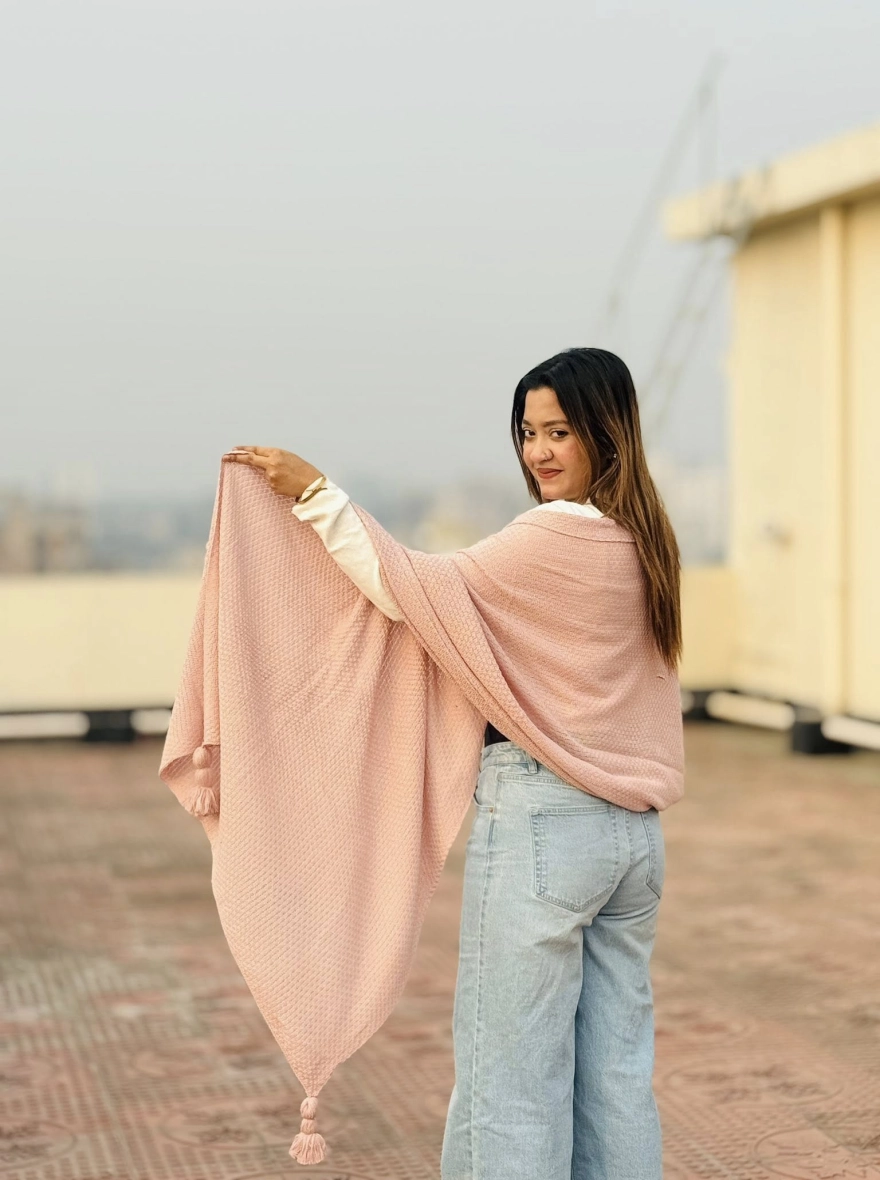 Soft Knit Winter Shawl with Pom-Pom Tassels - Blush Pink