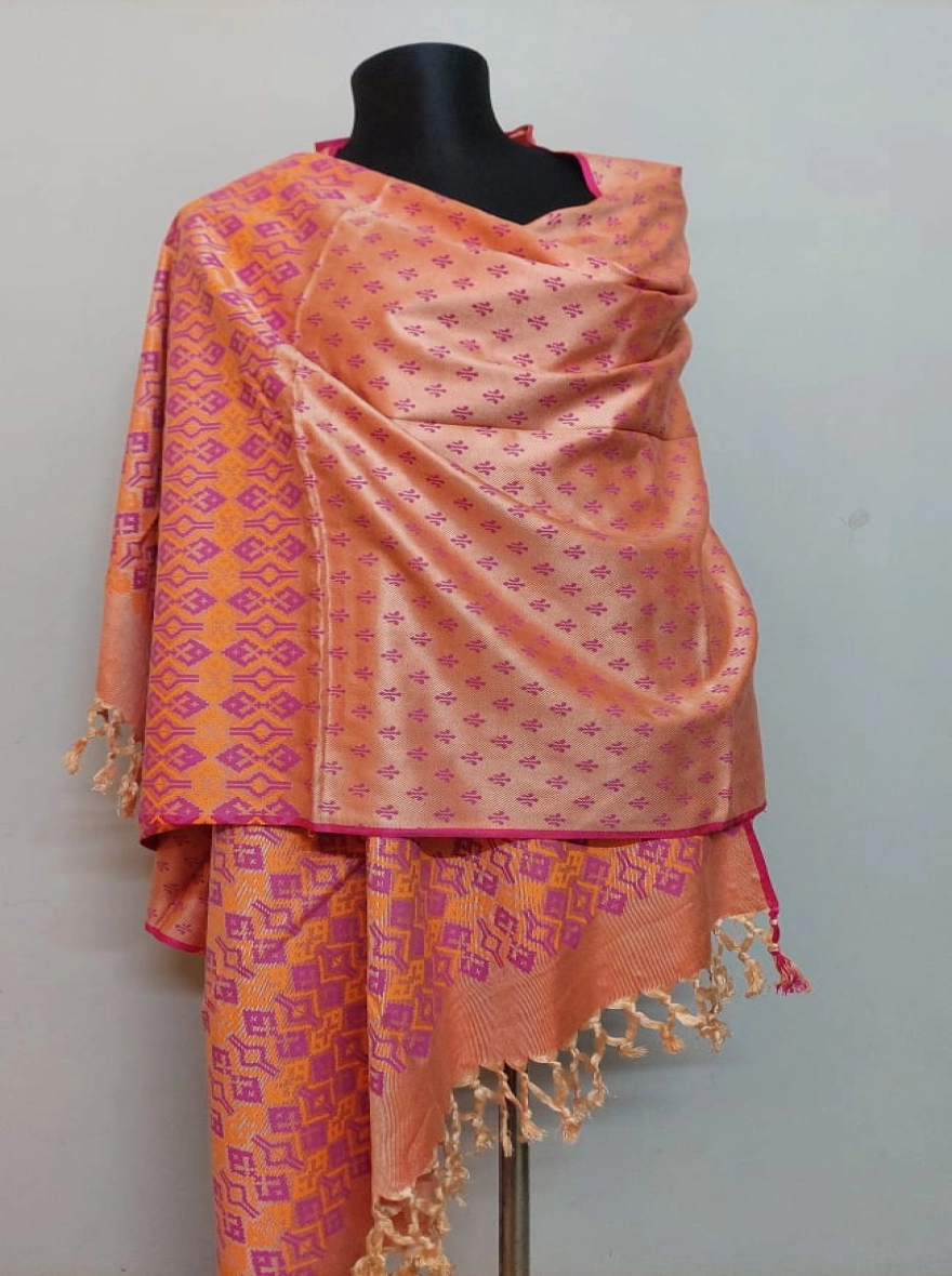 Peach and Magenta Geometric Pattern Silk Blend Shawl