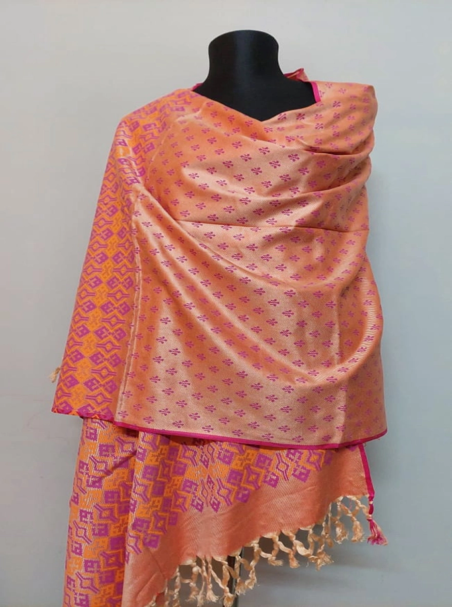 Peach and Magenta Geometric Pattern Silk Blend Shawl