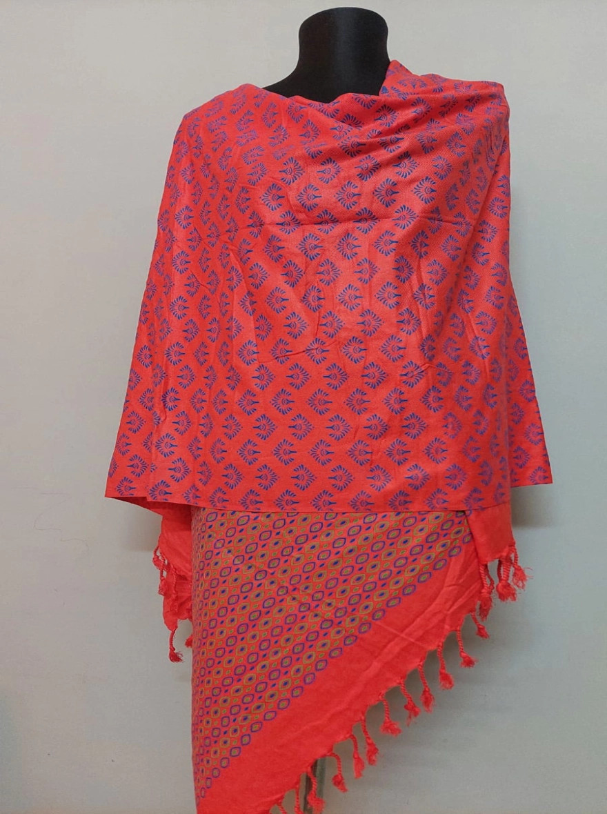 Handloom Shawl with Blue Floral and Geometric Print - Sunset Orange