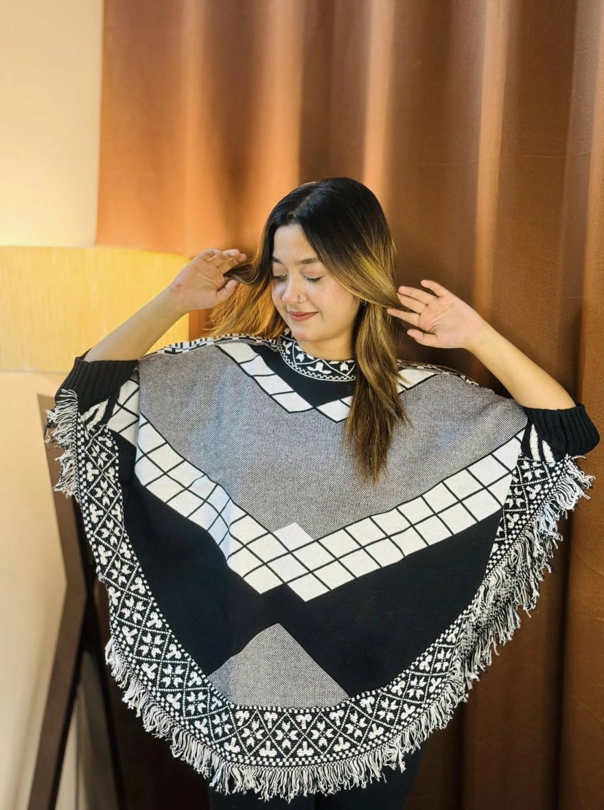 Black and White Geometric Poncho