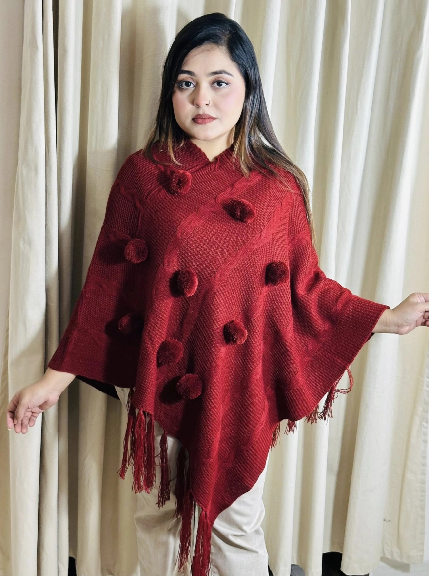 Crimson Knitted Pom-Pom Poncho