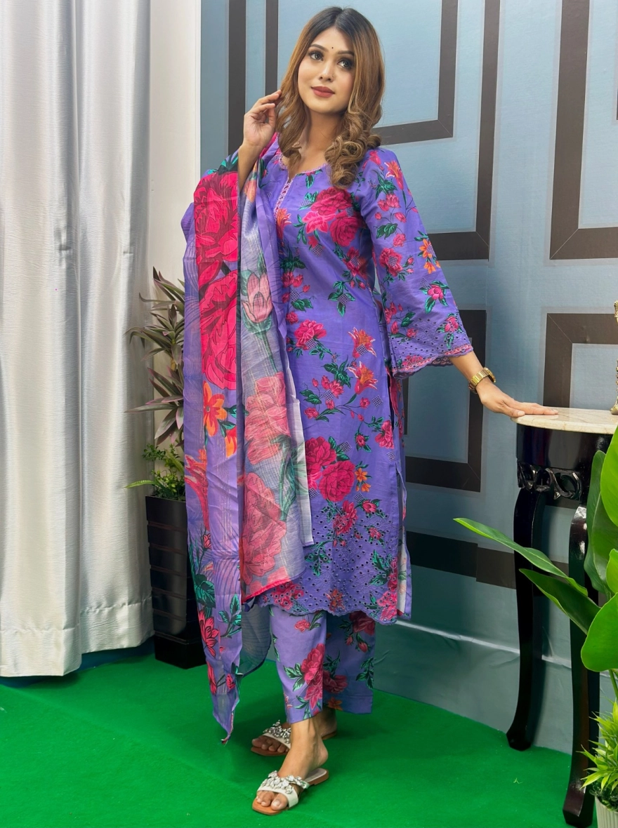 Azure Blue Embroidered Three-Piece Cotton Set