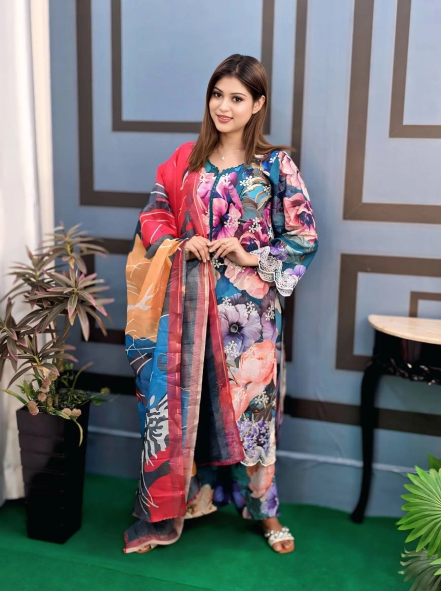 Azure Blue Embroidered 3-Piece Cotton Set