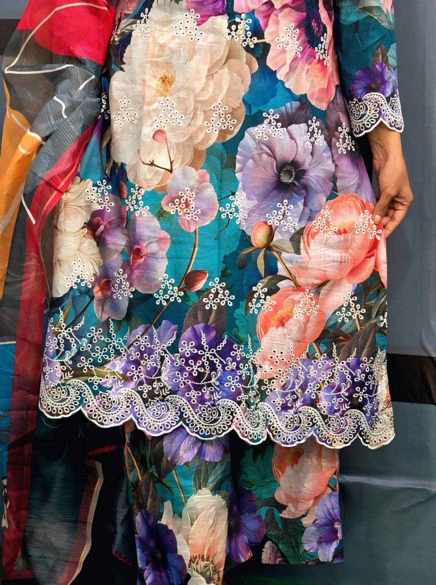 Azure Blue Embroidered 3-Piece Cotton Set