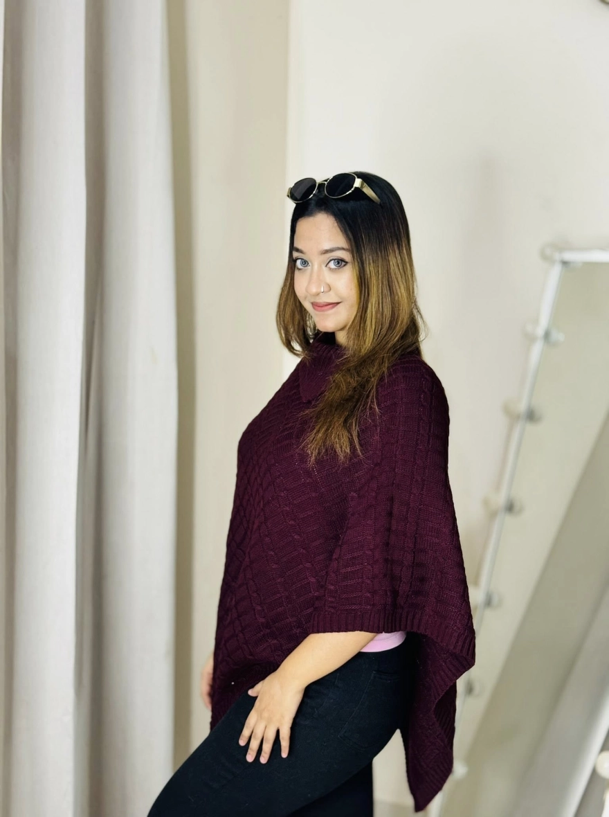 Deep Maroon Cable Knit Turtleneck Poncho