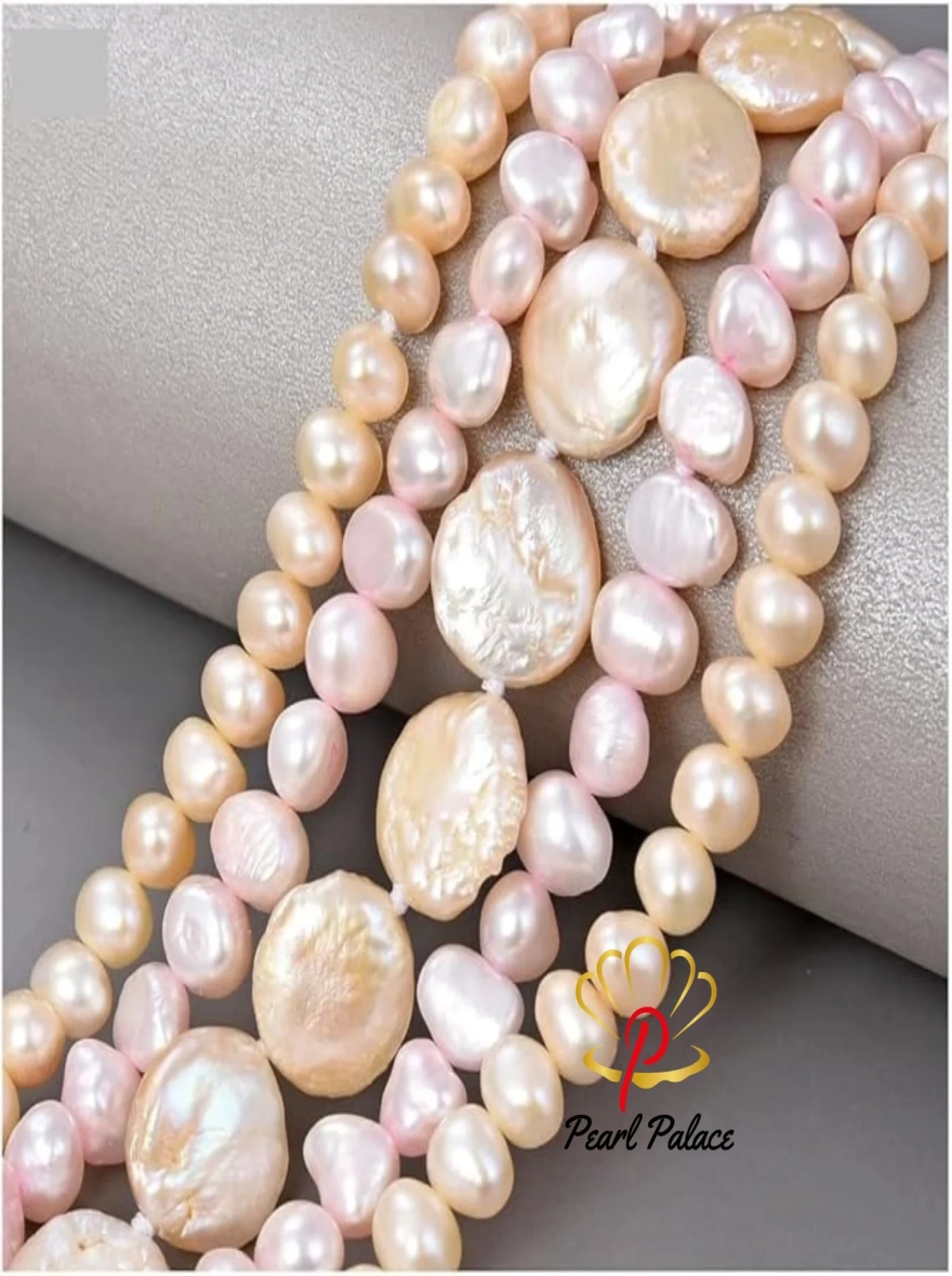 5Rows Natural Pink Coin Cultured Baroque Fancy  Necklace Jewelry 18-19inch .