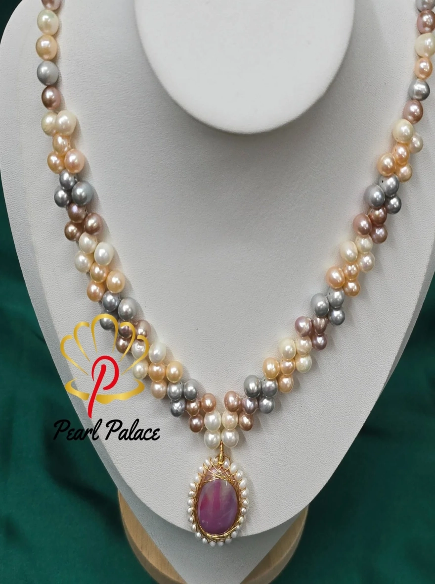 Multicolor Freshwater Pearl Necklace with Shell Pendant