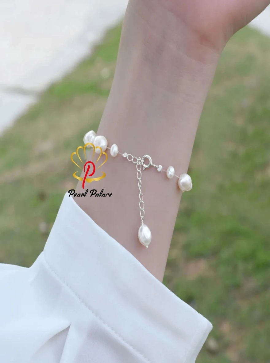 Natural Freshwater Baroque Pearl Bracelet with 925 Sterling Silver Button Jewelry for Women