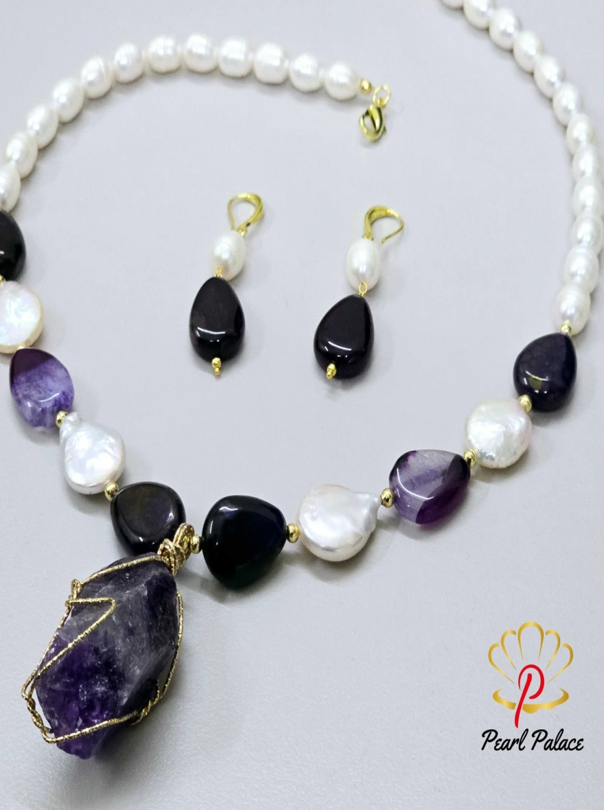 Rice pearl ,coin pearl, with Amethyst stone pendant