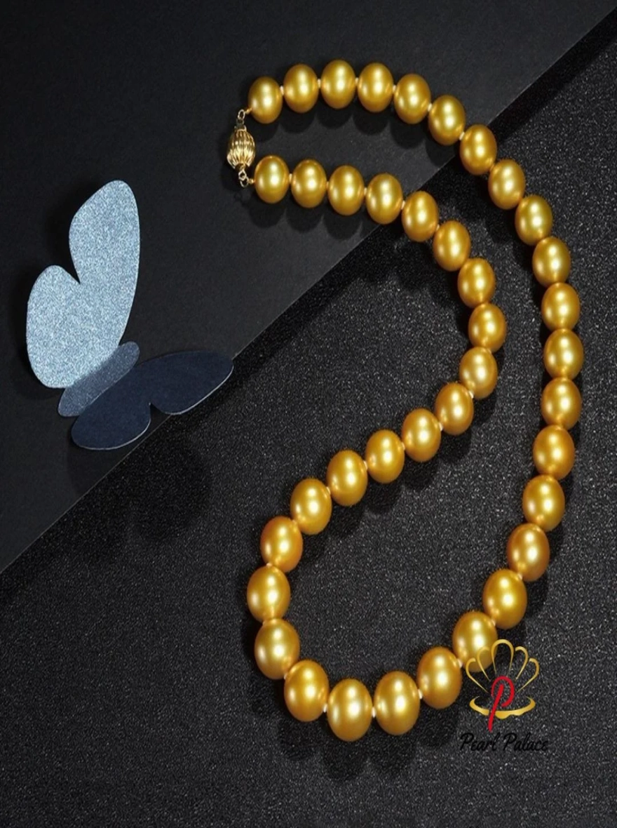 Charming 11-12mm Natural Marine Real Gold Round Pearl Necklace Jewelry.