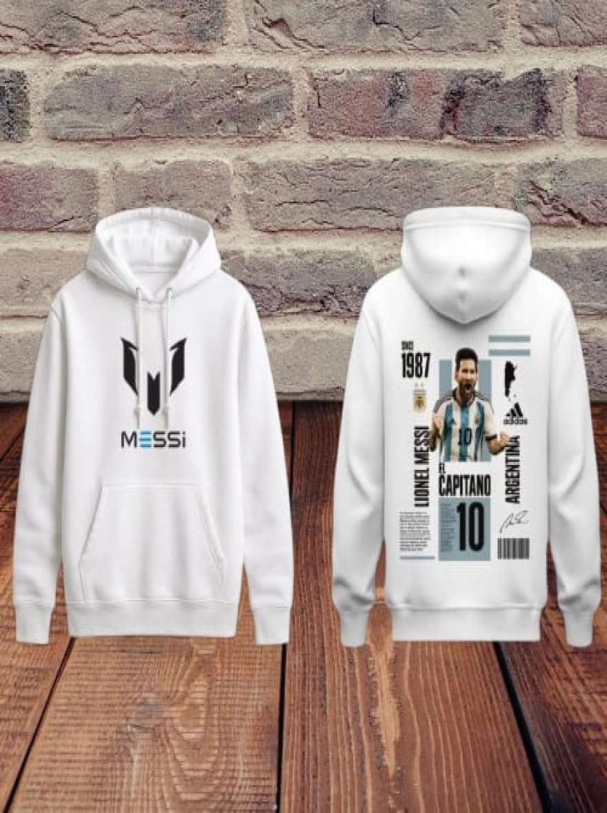 Messi Icon Pullover White Hoodie with Black & Blue Logo