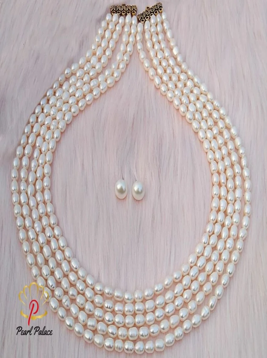 Classic 5-Row White Freshwater Pearl Necklace Set.