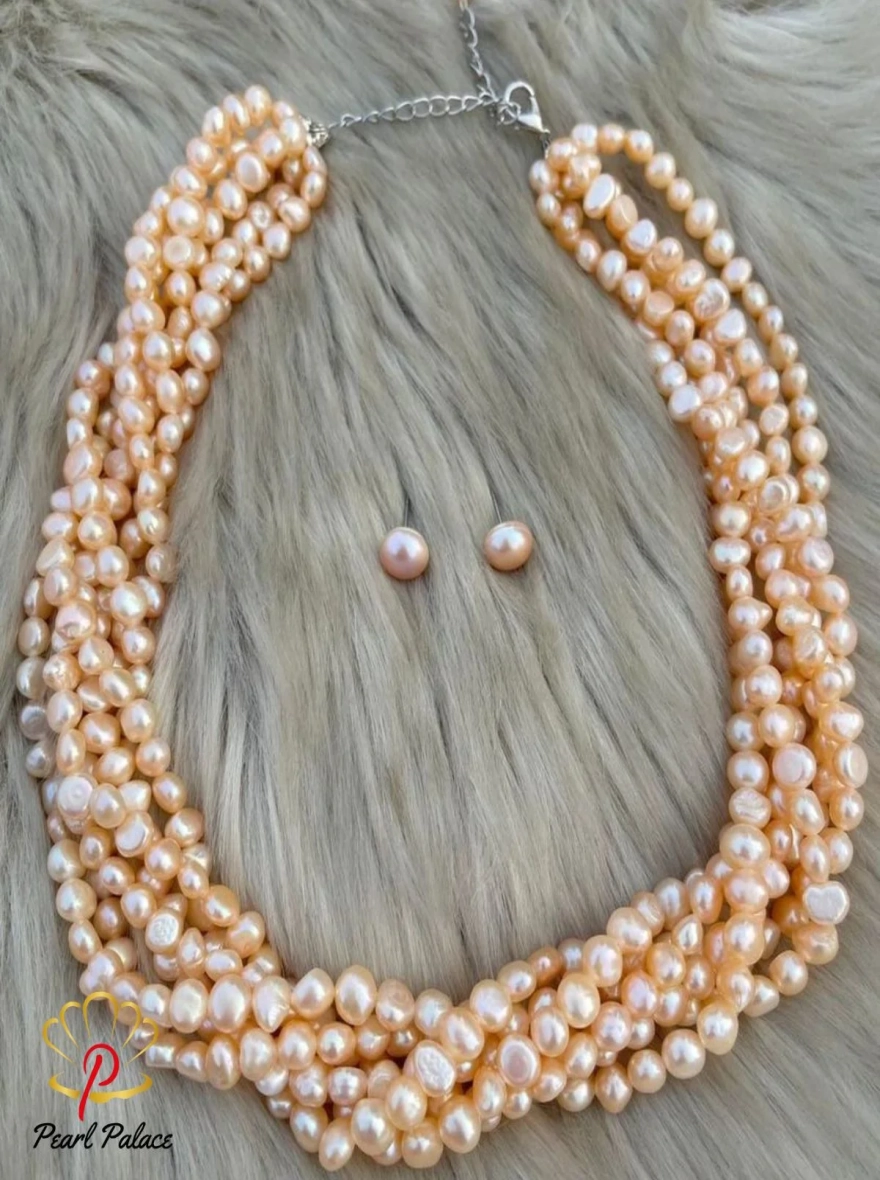Pink Peach Lustre Multi-Strand Pearl Necklace Set.