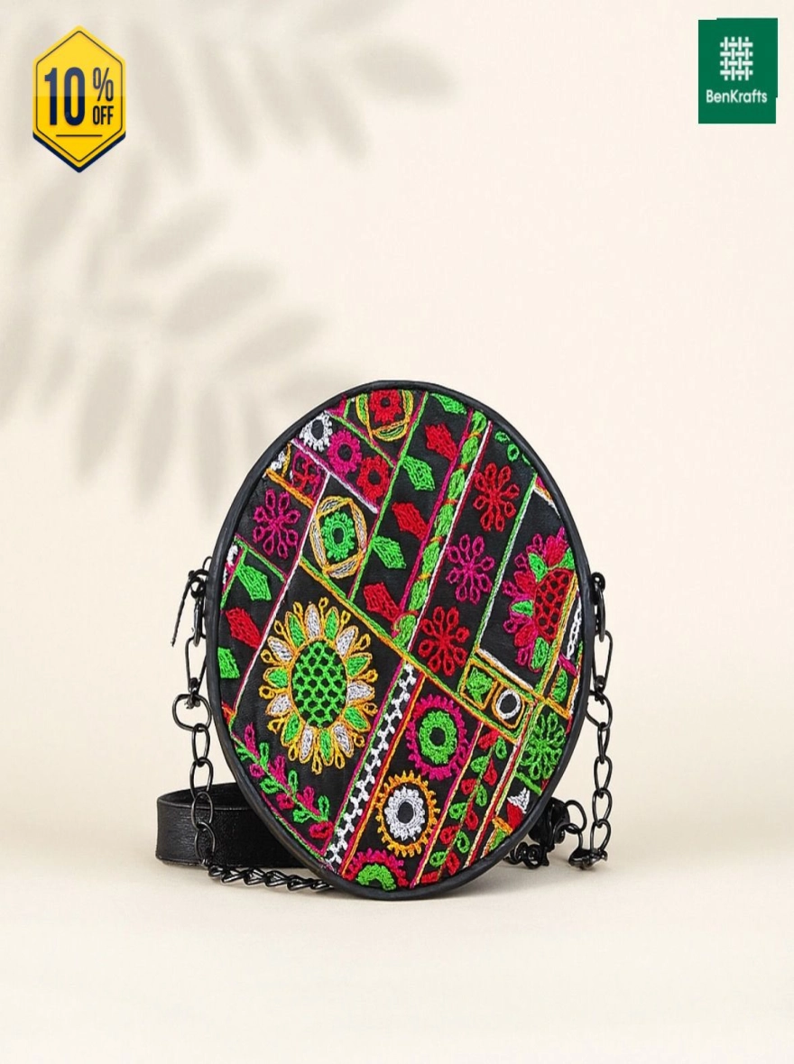 Neon Tribal Geometric Embroidered Circle Sling Bag