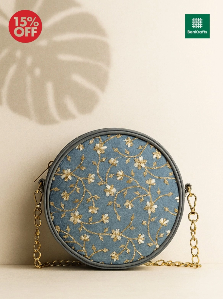 Azure Vine Silver & Gold Embroidered Circle Bag