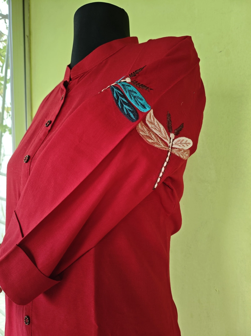 Crimson Dragonfly Embroidered Cotton Kurti