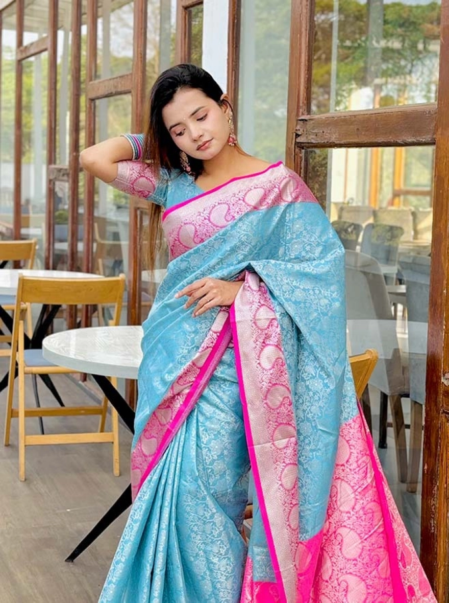 Ethereal Sky Blue & Pink Banarasi Saree with Floral Zari Work