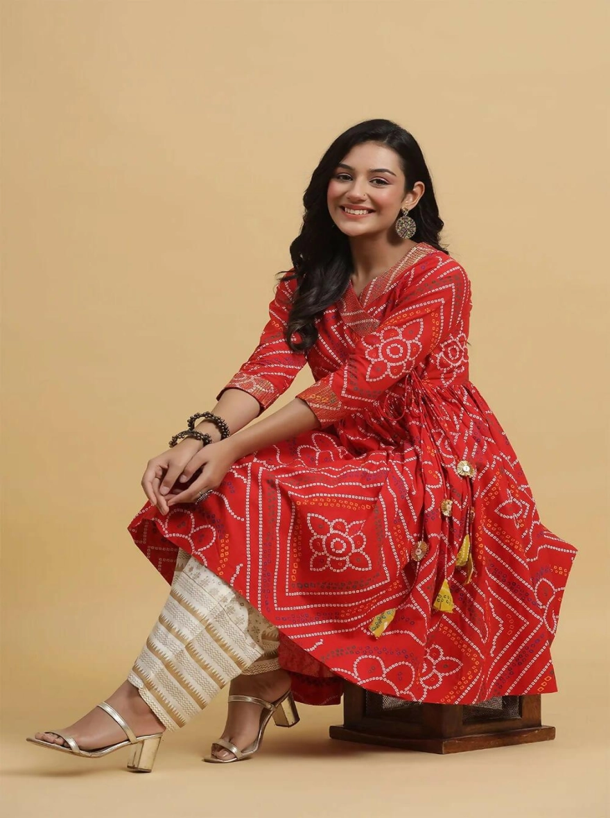 Readymade Full AC Cotton Casual Red Printed Kurti Set