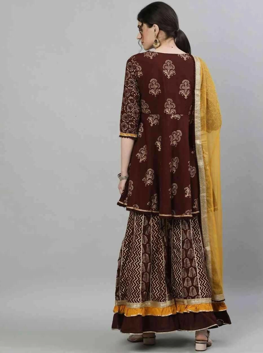 Readymade Full AC Cotton Casual Brown Printed Kurti