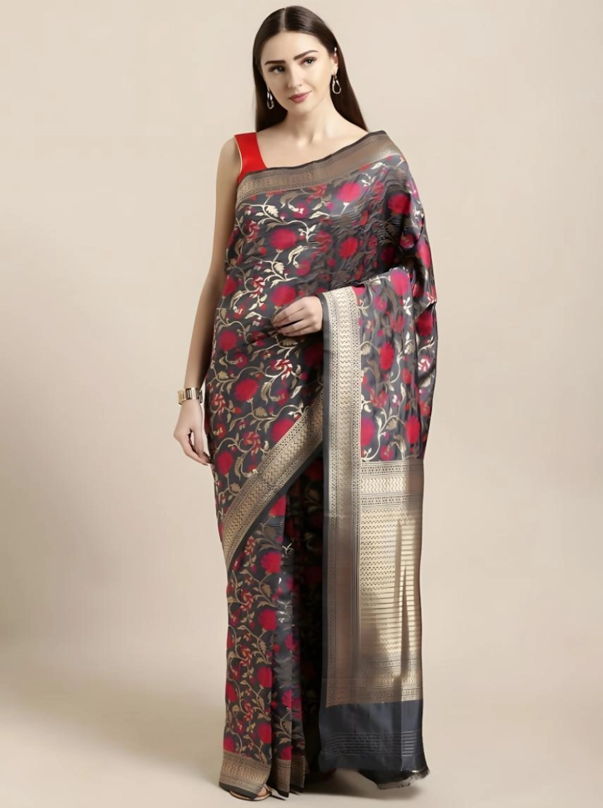 Soft Silk Screen Printed Premium Katan Sharee with Blouse - Vampire Grey