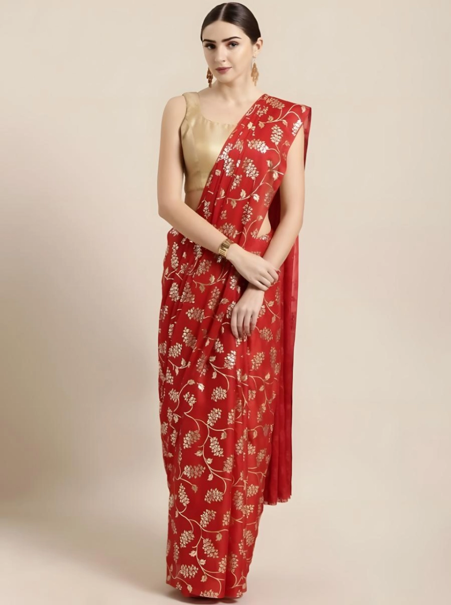 Soft Silk Screen Printed Premium Katan Sharee with Blouse - Persian Red