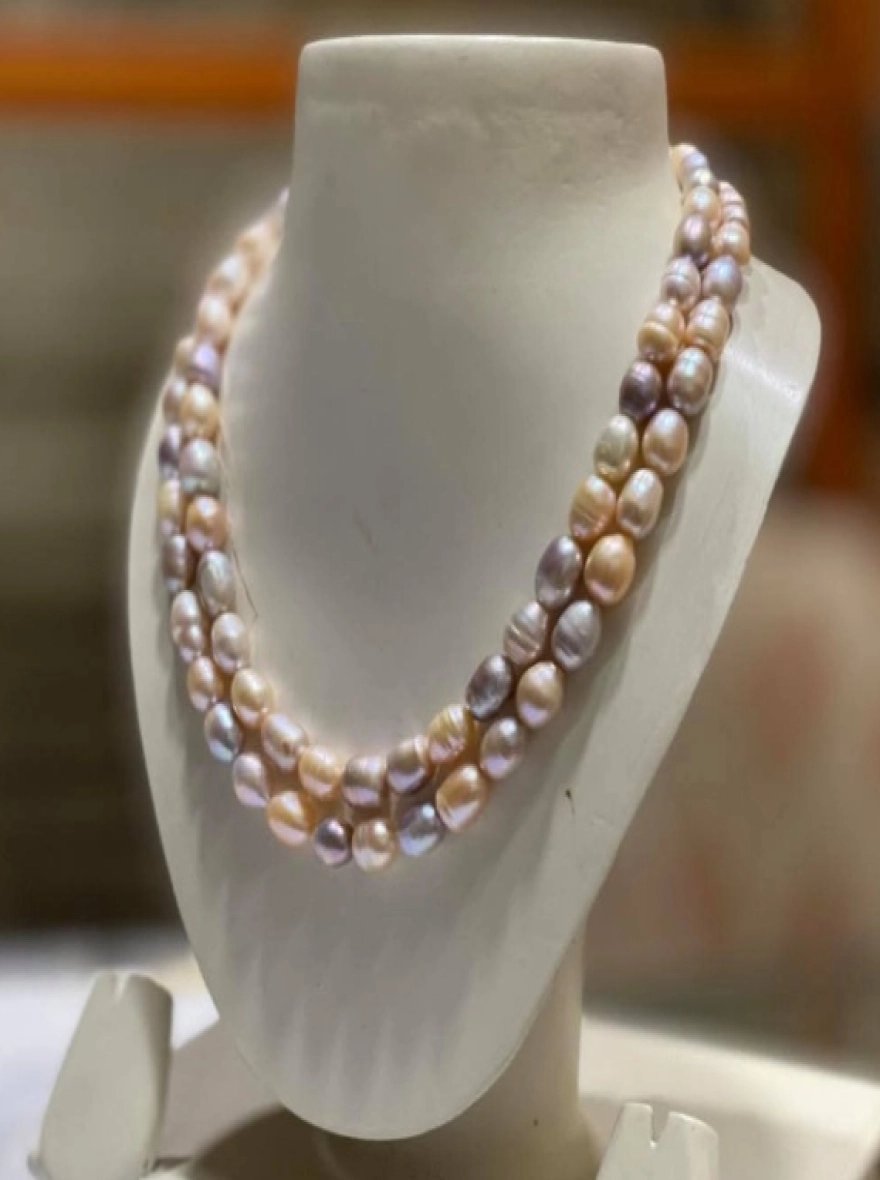 Peach and Levender mixed Rice pearl 2 layer necklace