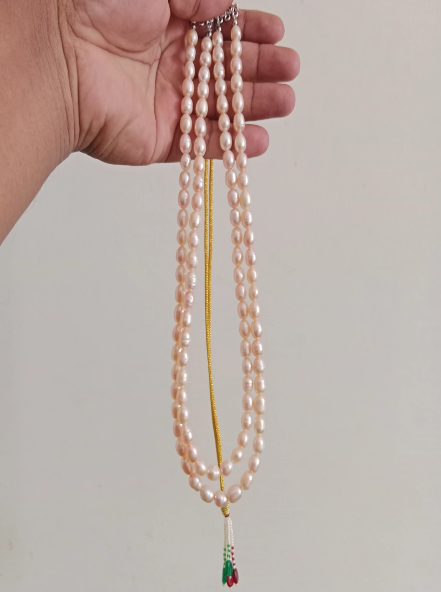 2 layer Rice pearl necklace,Peach colour  