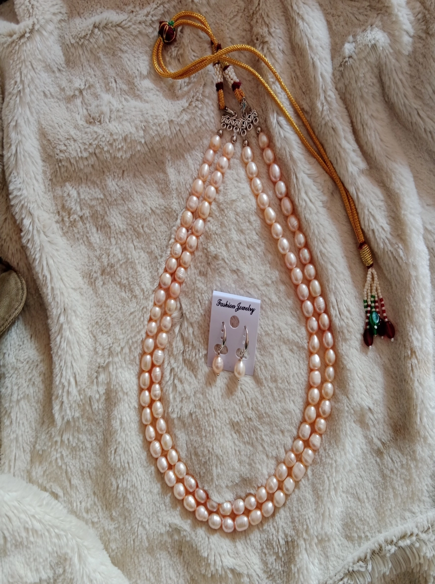 2 layer Rice pearl necklace,Peach colour  