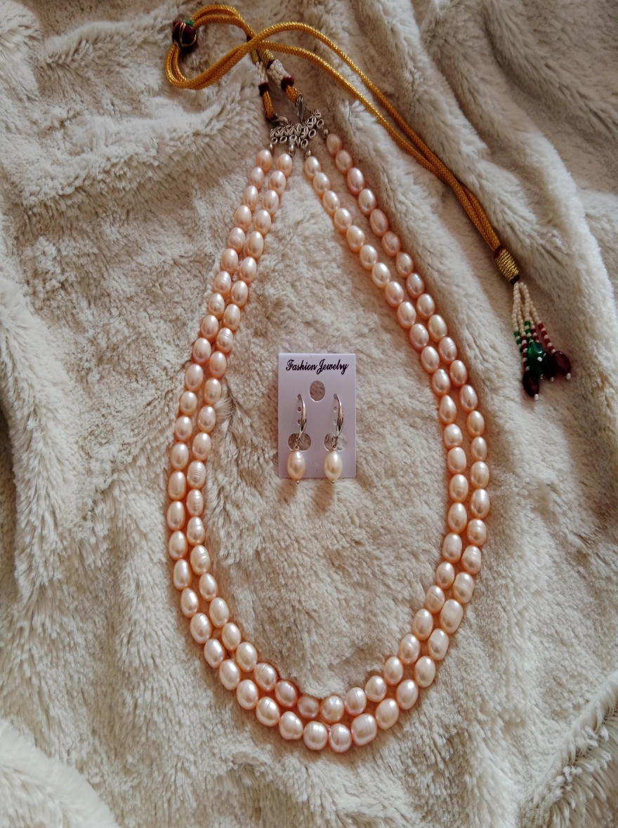 2 layer Rice pearl necklace,Peach colour  